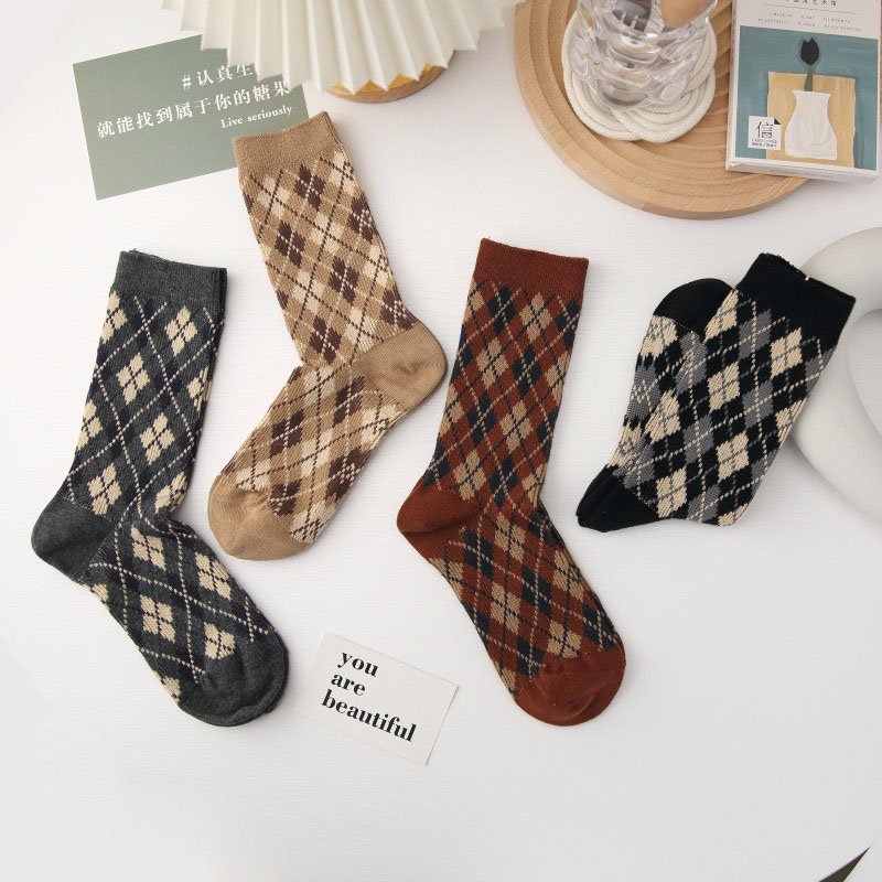 Women Adult Socks Retro British Style Double-needle Double-way Brown Pile Socks