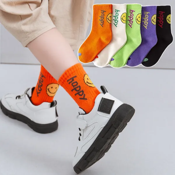 Toddler Kids 5PCS Cartoon Printed Stripe Smiling Face Cotton Socks