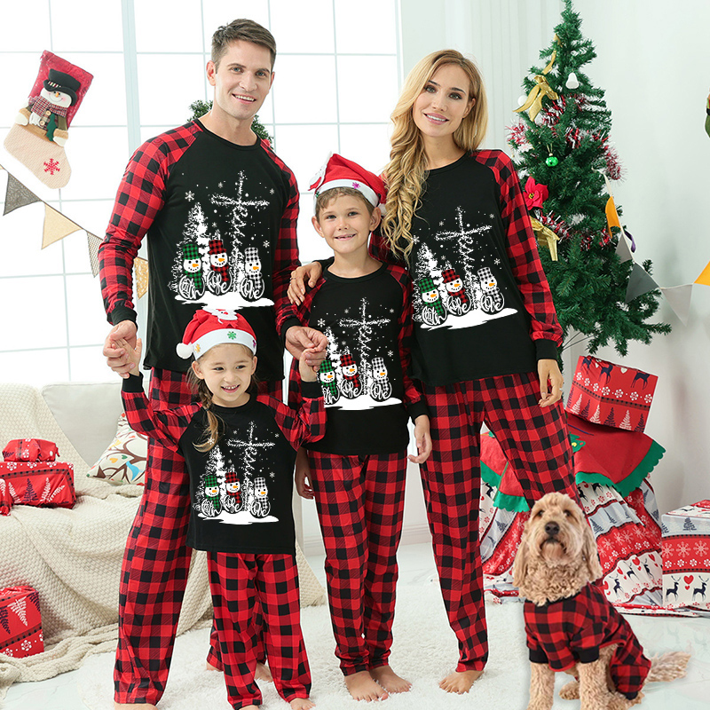 Christmas Matching Family Pajamas Christams Tree and Snowman Cross Black Pajamas Set