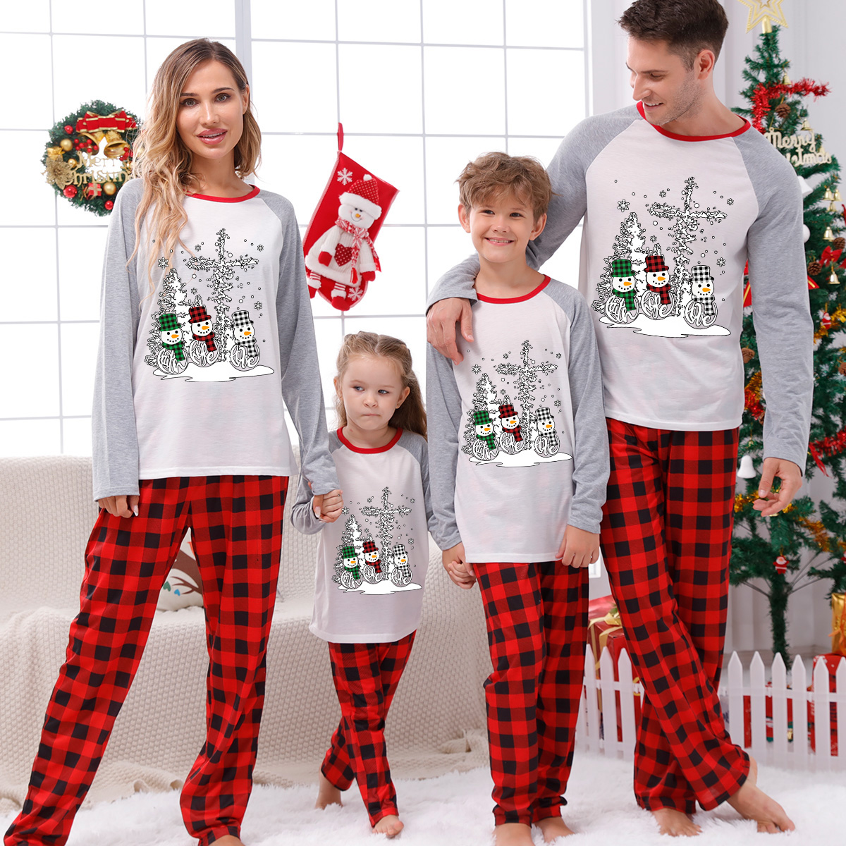 Christmas Matching Family Pajamas Christams Cross Tree and Snowman Gray Pajamas Set