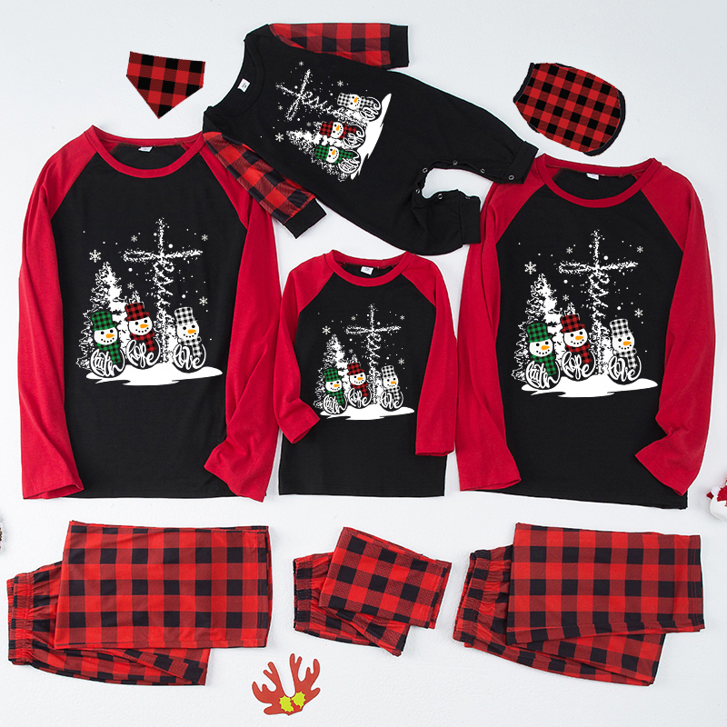 Christmas Matching Family Pajamas Christams Tree and Snowman Cross Red Plaids Pajamas Set