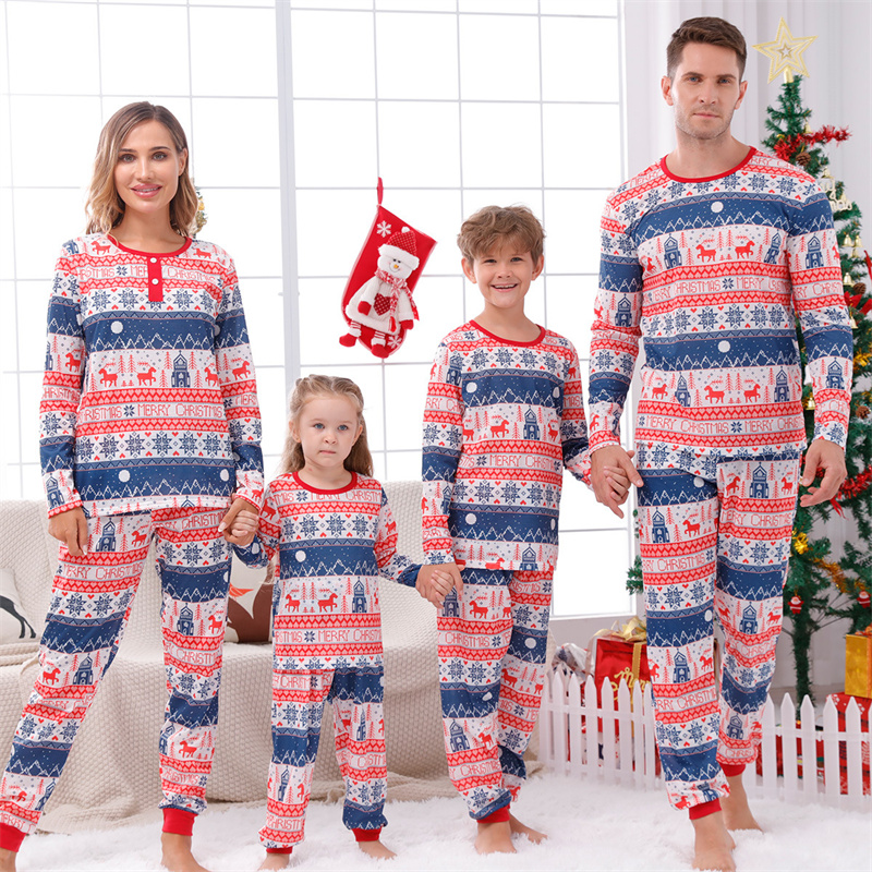 Christmas Matching Family Pajamas Snowflake Deer Seamless Prints Blue Pajamas Set