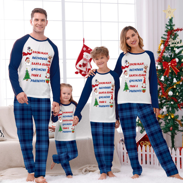 Christmas Matching Family Pajamas Snowman Reindeer Present Blue Plaids Pajamas Set