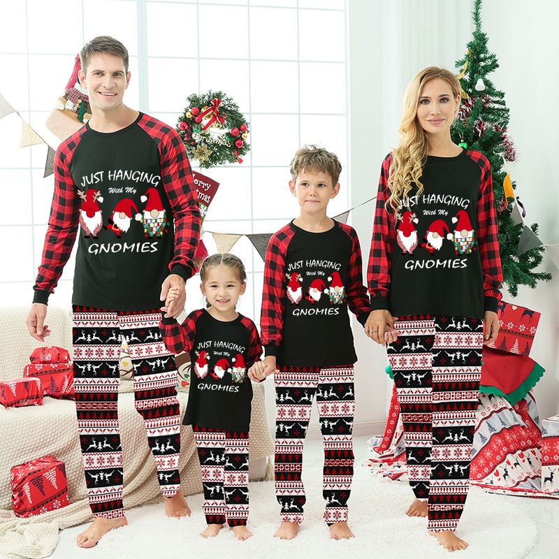 Christmas Matching Family Pajamas Exclusive Design Hanging with My Gnomies Black Seamless Reindeer Pajamas Set