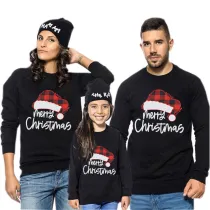 Family Christmas Multicolor Matching Sweater Merry Christmas Plaids Hat Plus Velvet Pullover Hoodies