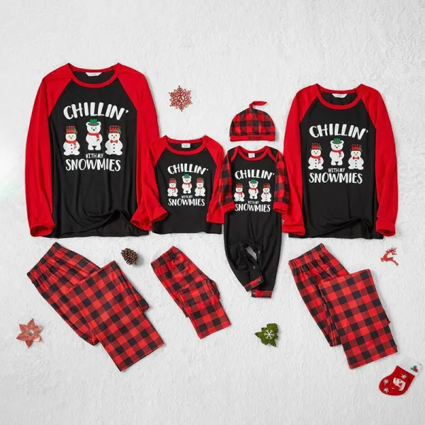 Christmas Family Matching Sleepwear Pajamas Sets Chillin With Snowmies Snowman Bear Tops And Plaids Pants
