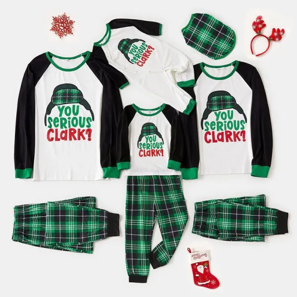 Christmas Family Matching Sleepwear Pajamas Sets Serious Clark Slogan Hat Tops And Green Plaids Pants