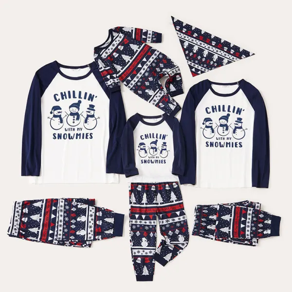 Christmas Family Matching Sleepwear Pajamas Sets Chillin Snowmies Slogan Trees Pattern Sets