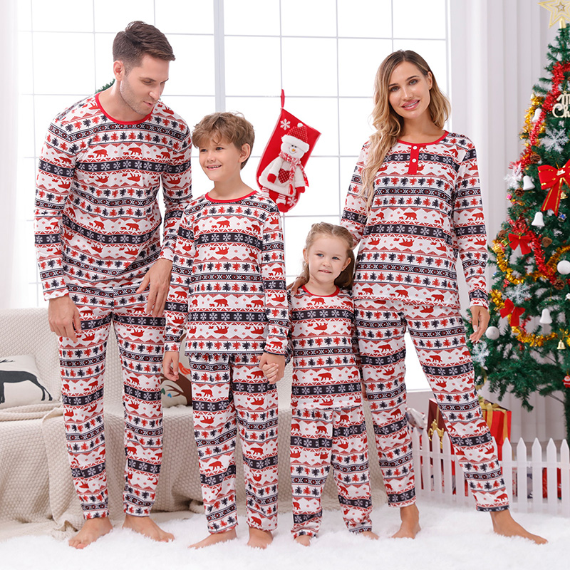 Christmas Matching Family Pajamas Polar Bear Trees Snowflakes Seamless Prints Pajamas Set