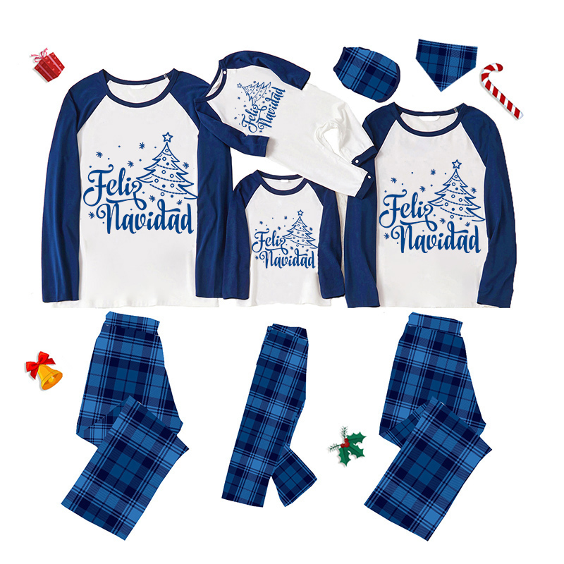 Christmas Matching Family Pajamas Feliz Navidad Christmas Tree Snowflakes Blue Pajamas Set