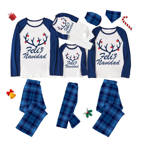 Christmas Matching Family Pajamas Feliz Navidad Elk Antlers Blue Pajamas Set