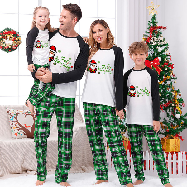 Christmas Matching Family Pajamas Puzzle Santa Claus Feliz Navidad Green Pajamas Set