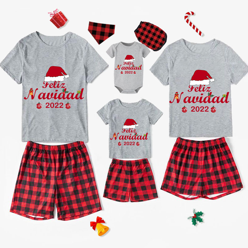 2022 Matching Family Pajamas Christmas Hat Feliz Navidad Short Pajamas Set