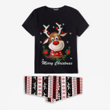 Christmas Matching Family Pajamas Deer With Flowers Seamless Reindeer Black Pajamas Set
