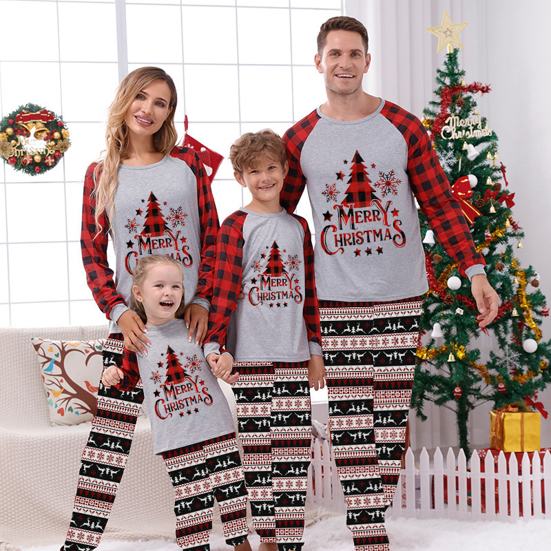 Christmas Matching Family Pajamas Merry Christmas Tree Seamless Reindeer Gray Pajamas Set
