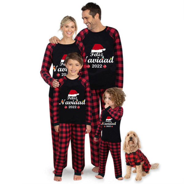 2022 Matching Family Pajamas Christmas Hat Feliz Navidad Black Pajamas Set