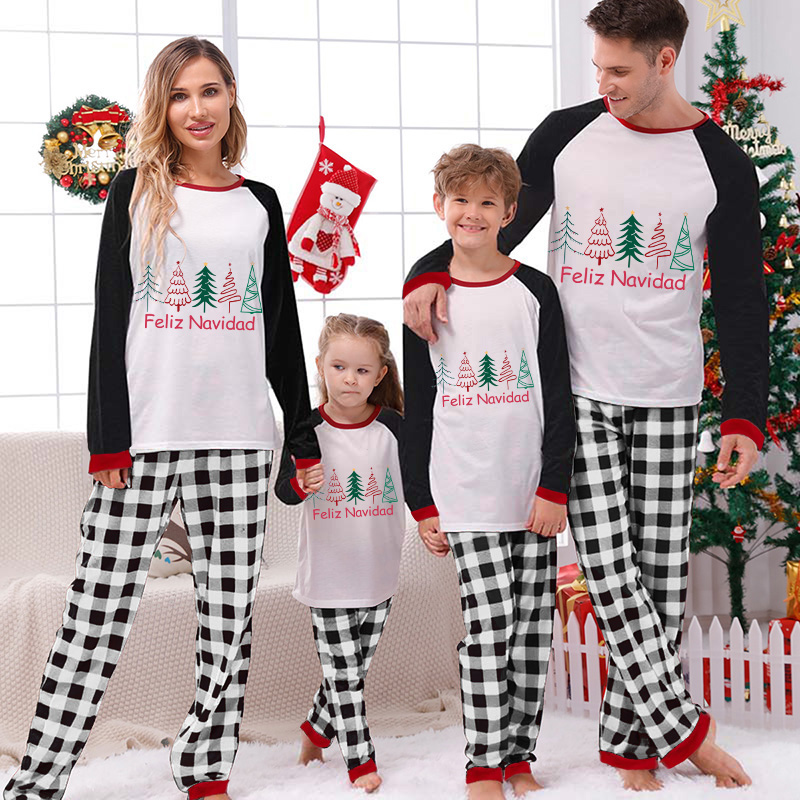 Christmas Matching Family Pajamas Feliz Navidad Beautiful Trees White Pajamas Set