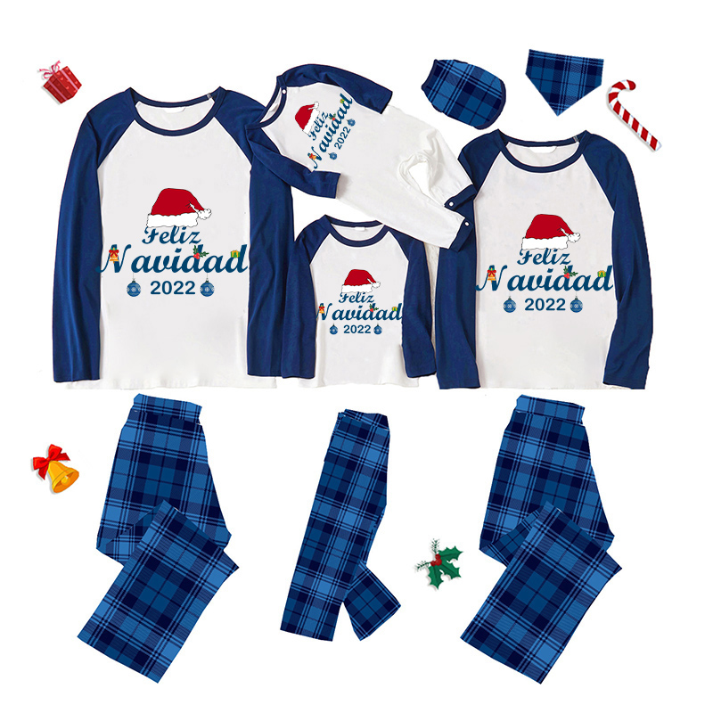 2022 Matching Family Pajamas Christmas Hat Feliz Navidad Blue Pajamas Set