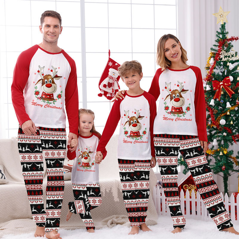 Christmas Matching Family Pajamas Deer With Flowers Seamless Reindeer White Pajamas Set