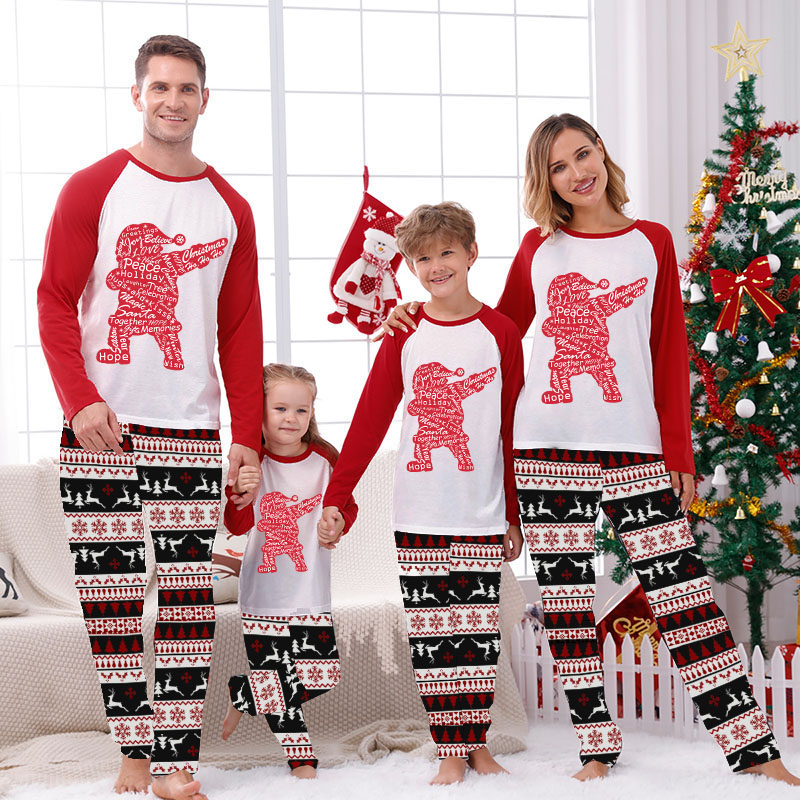 Christmas Matching Family Pajamas Hope Peace Slogan Santa Claus Seamless Reindeer White Pajamas Set