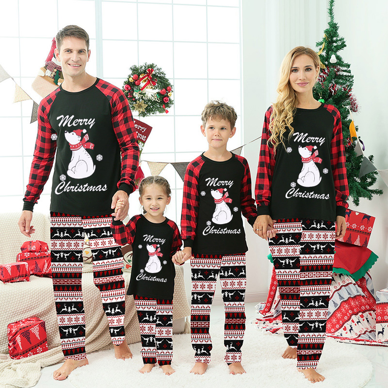 Christmas Matching Family Pajamas Polar Bear Snowflakes Seamless Reindeer Black Pajamas Set