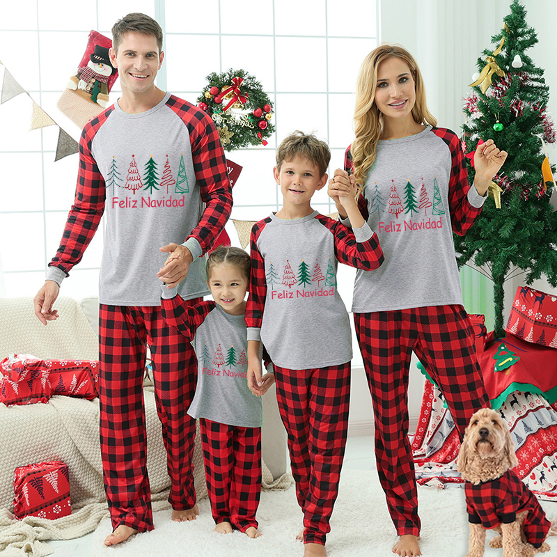 Christmas Matching Family Pajamas Feliz Navidad Beautiful Trees Gray Pajamas Set