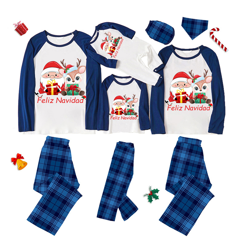 Christmas Matching Family Pajamas Feliz Navidad Santa Deer With Gifts Blue Pajamas Set
