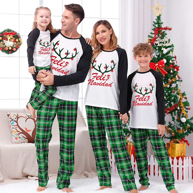 Christmas Matching Family Pajamas Feliz Navidad Elk Antlers Green Pajamas Set