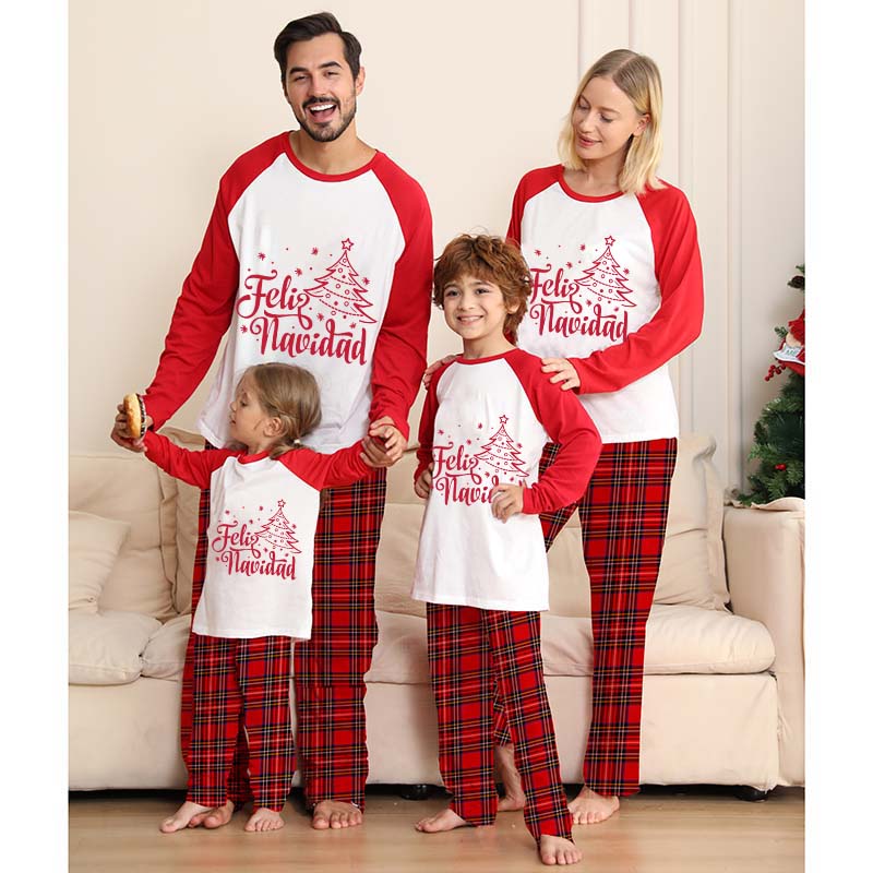 Christmas Matching Family Pajamas Feliz Navidad Christmas Tree Snowflakes Gray Pajamas Set