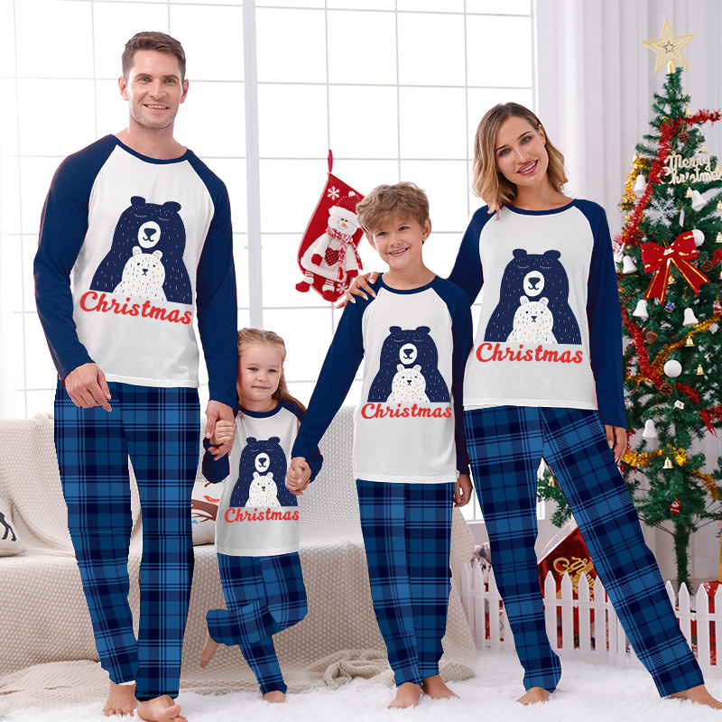 Christmas Matching Family Pajamas Exclusive Design Blue Polar Bear Green Plaids Pajamas Set