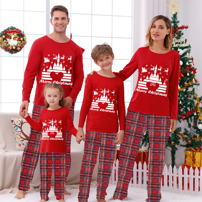 Christmas Matching Family Pajamas Castle Santa Claus Black Red Plaids Pajamas Set