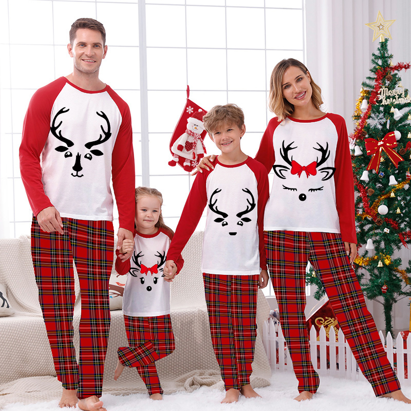 Christmas Matching Family Pajamas Bow Tie Antler Red Pajamas Set