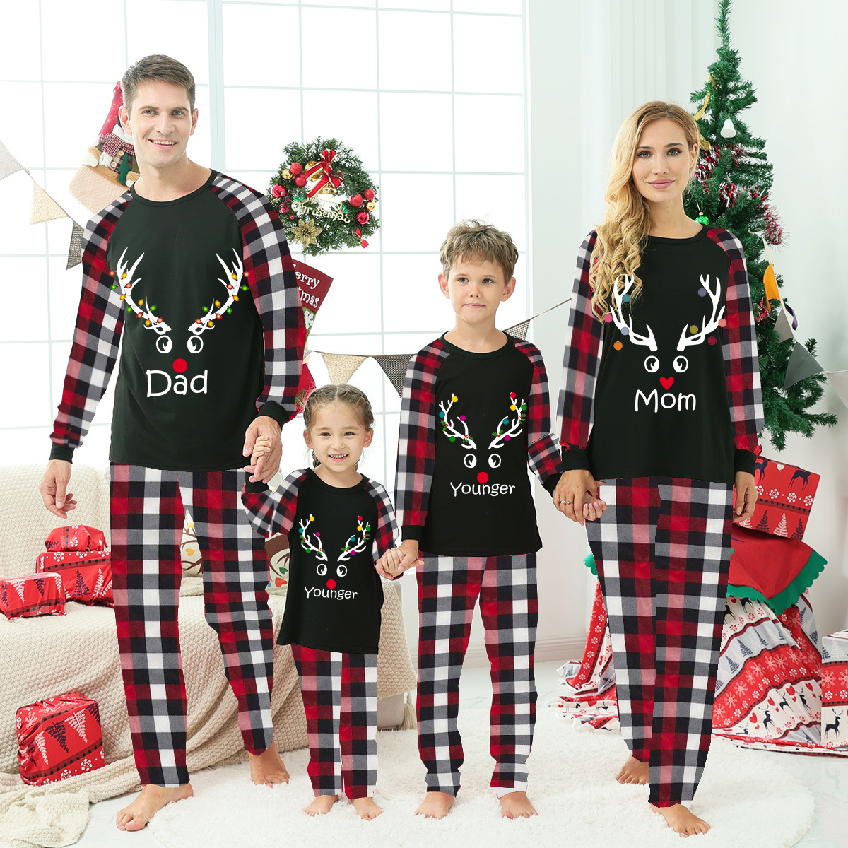 Christmas Matching Family Pajamas Antler With Colorful Lights Black Red Plaids Pajamas Set