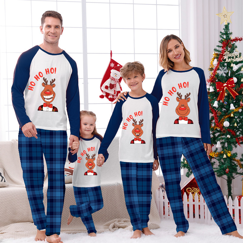 Christmas Matching Family Pajamas Ho Ho Ho Smile Deer Green Plaids Pajamas Set