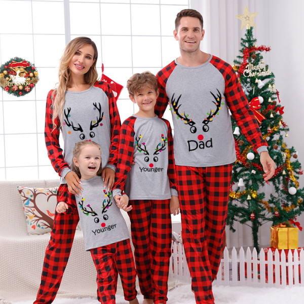 Christmas Matching Family Pajamas Antler With Colorful Lights Red Pajamas Set