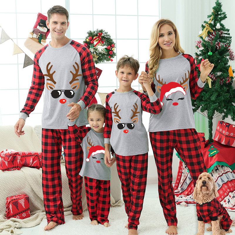 Christmas Matching Family Pajamas Antler With Christmas Hat Sunglasses Red Pajamas Set