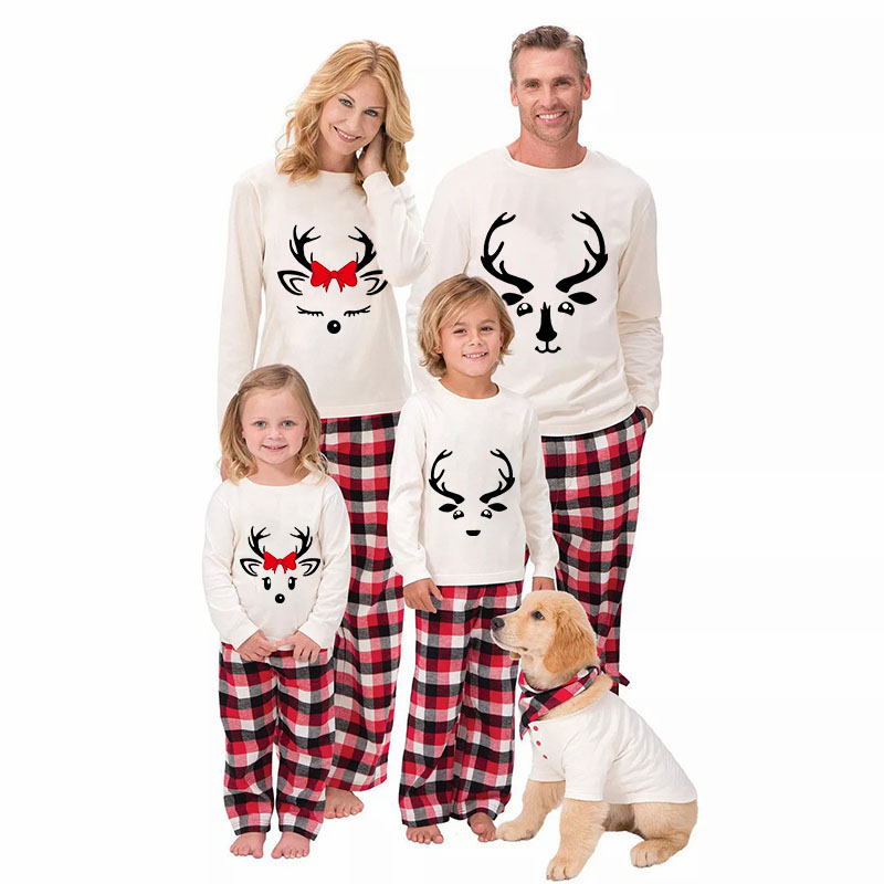 Christmas Matching Family Pajamas Bow Tie Antler White Pajamas Set