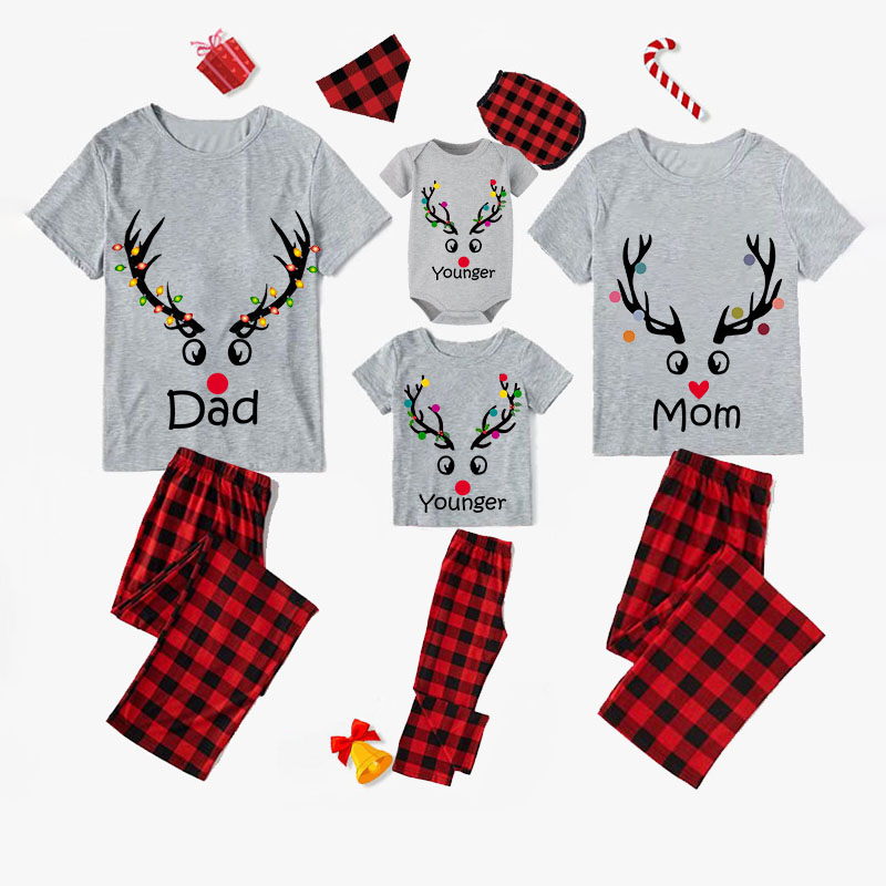 Christmas Matching Family Pajamas Antler With Colorful Lights Gray Pajamas Set