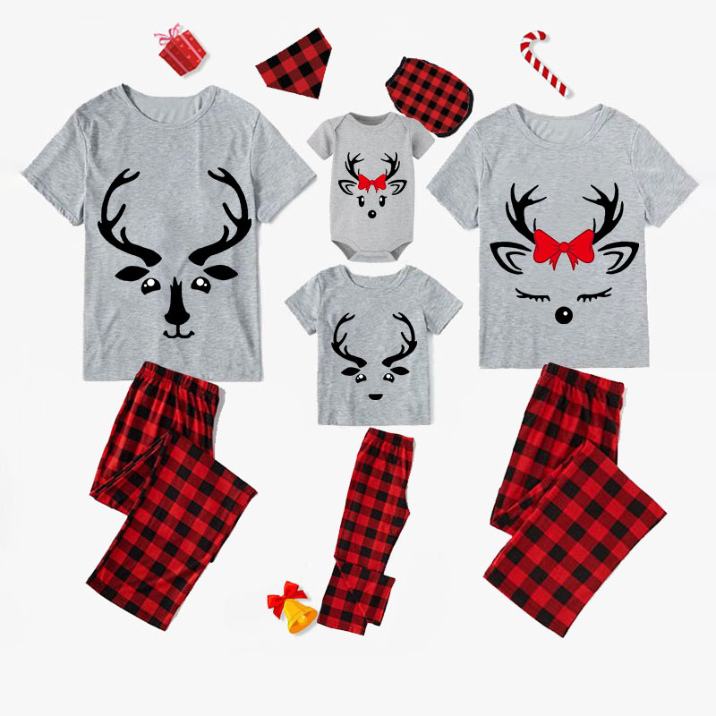 Christmas Matching Family Pajamas Couple Deer Bow Tie Antler Gray Pajamas Set