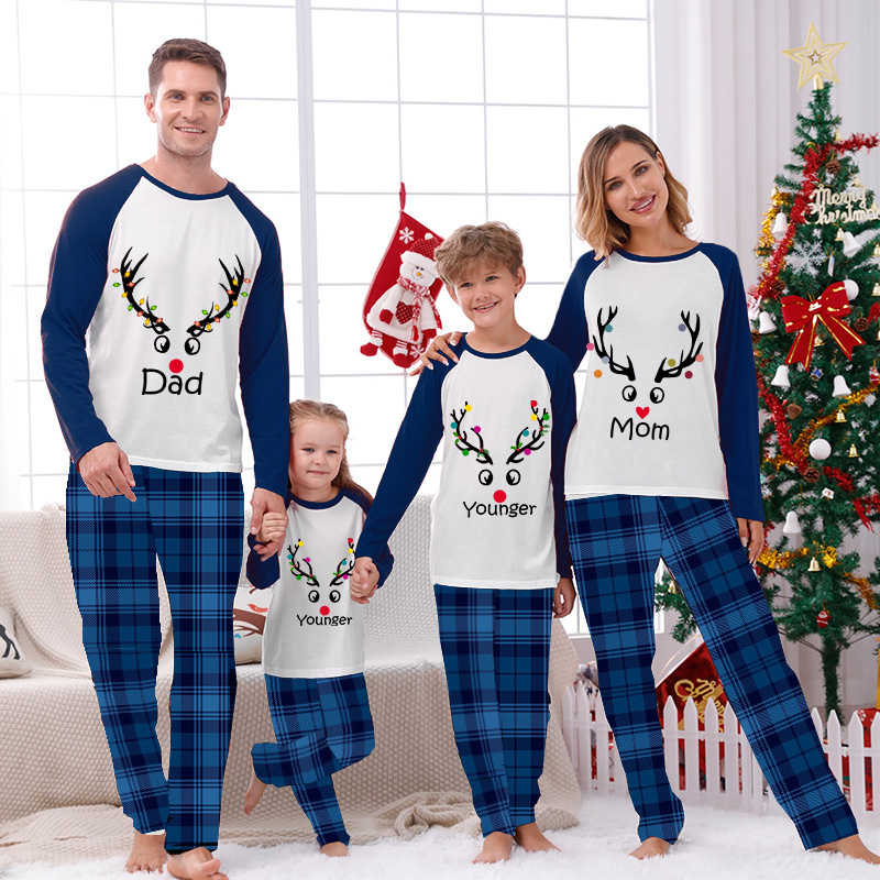 Christmas Matching Family Pajamas Antler With Colorful Lights Green Plaids Pajamas Set