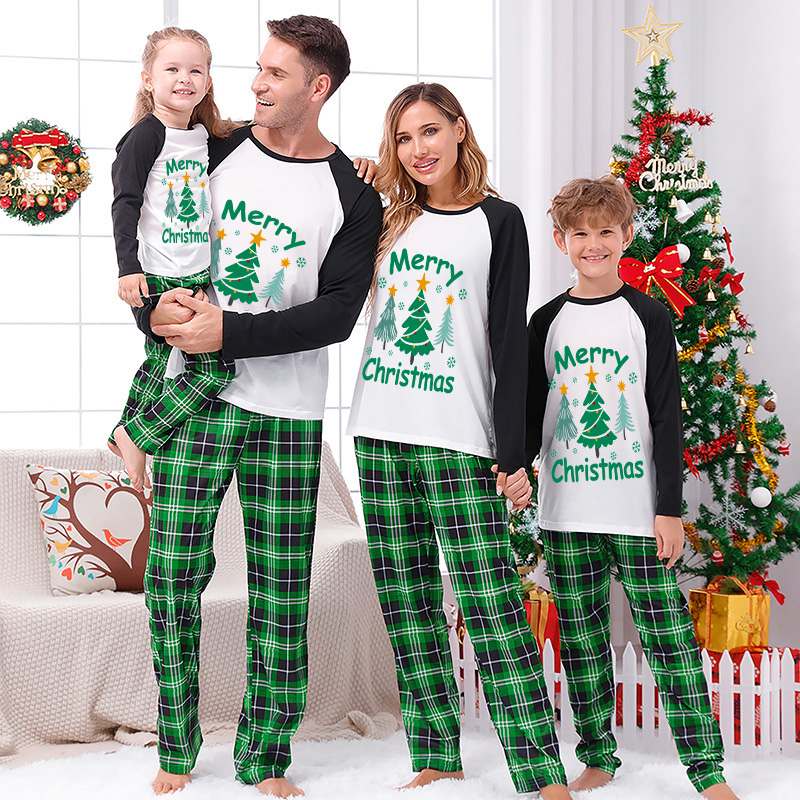 Christmas Matching Family Pajamas Three Christmas Trees Green Plaids Pajamas Set