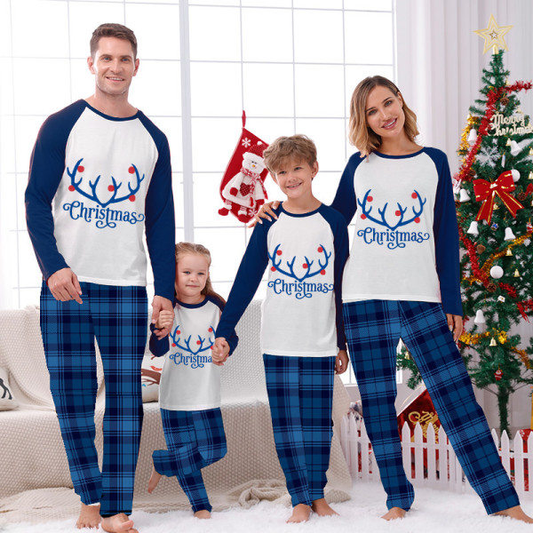 Christmas Matching Family Pajamas Deer Antler With Neon Lamp Multiple Words Blue Pajamas Set