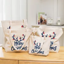 Christmas Eco Friendly Deer Antler Slogan Beige Handle Canvas Tote Bag