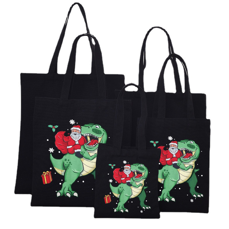 Christmas Eco Friendly Santa Claus With Dinosuar Handle Canvas Tote Bag Shopping Duffle Bag