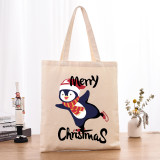 Christmas Eco Friendly Skateboarding Penguin Beige Handle Canvas Tote Bag