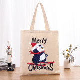 Christmas Eco Friendly Skiing Penguin Beige Handle Canvas Tote Bag