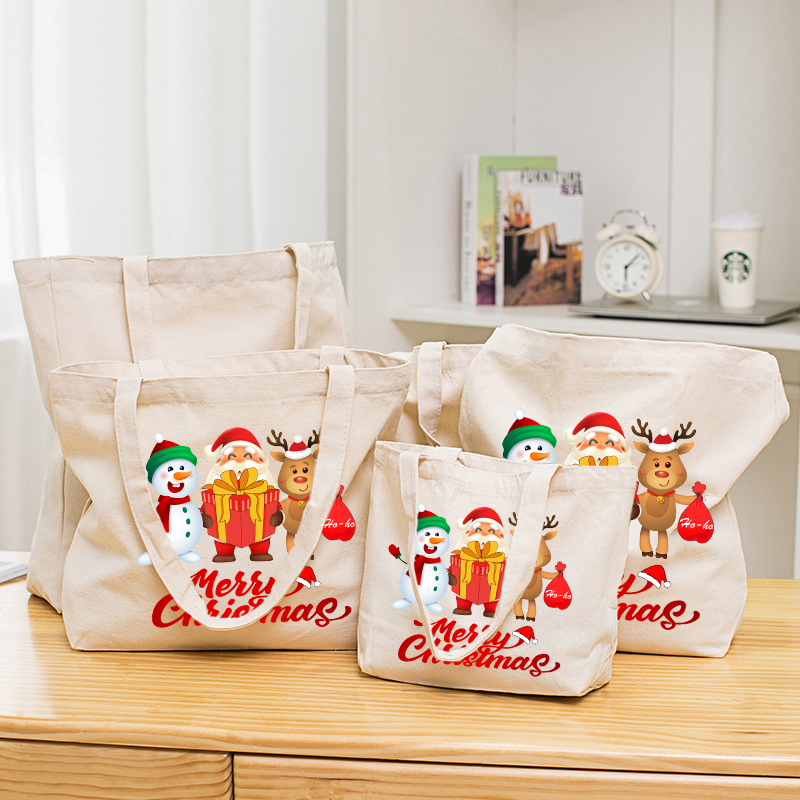 Christmas Eco Friendly Snowman Santa Deer Handle Canvas Tote Bag Shopping Duffle Bag