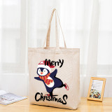 Christmas Eco Friendly Skateboarding Penguin Beige Handle Canvas Tote Bag