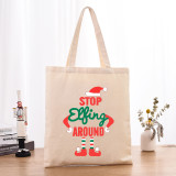Christmas Eco Friendly Stop Elfing Around Handle Beige Canvas Tote Bag
