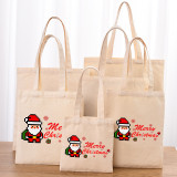 Christmas Eco Friendly Block Santa Claus Handle Canvas Tote Bag Shopping Duffle Bag
